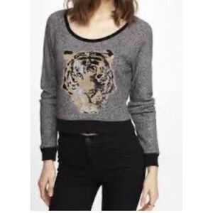 Express Women's Sequence Tiger Y2K Crop Crewneck Sweater Size SP Grey/Blk Grunge